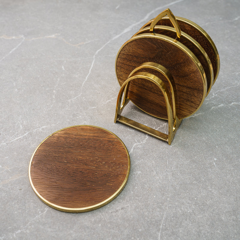Set of 4 Wood Coasters with Gold Stand