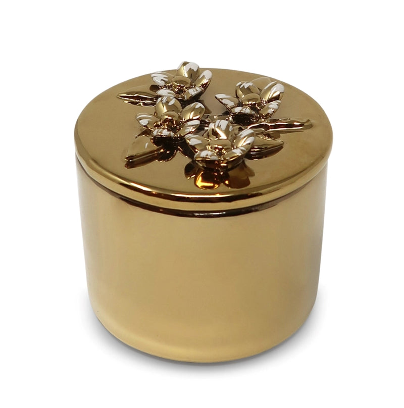 Gold Round Decorative Box with Gold & White Floral Design (3 Styles)