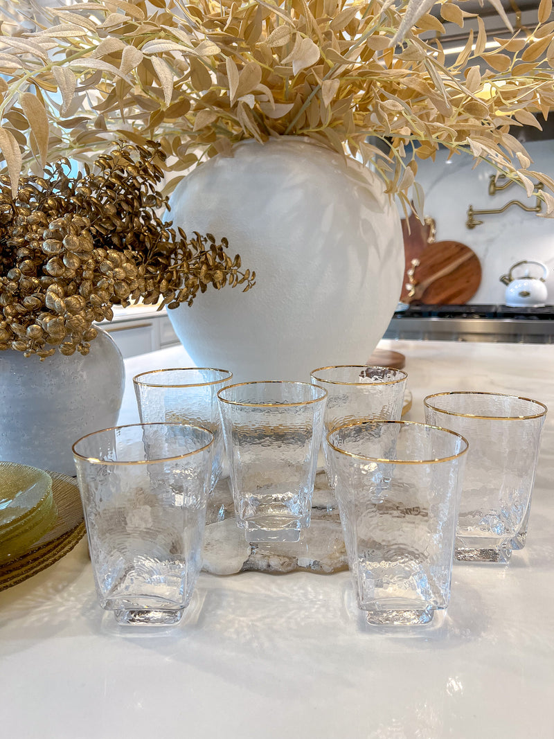 Set of 6 Square Shaped Hammered Glasses with Gold Rim