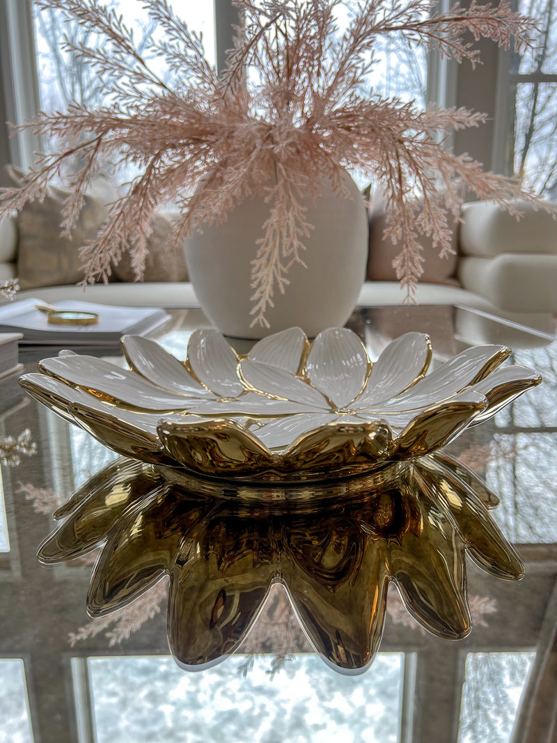 White Porcelain Flower Bowl with Gold Edge