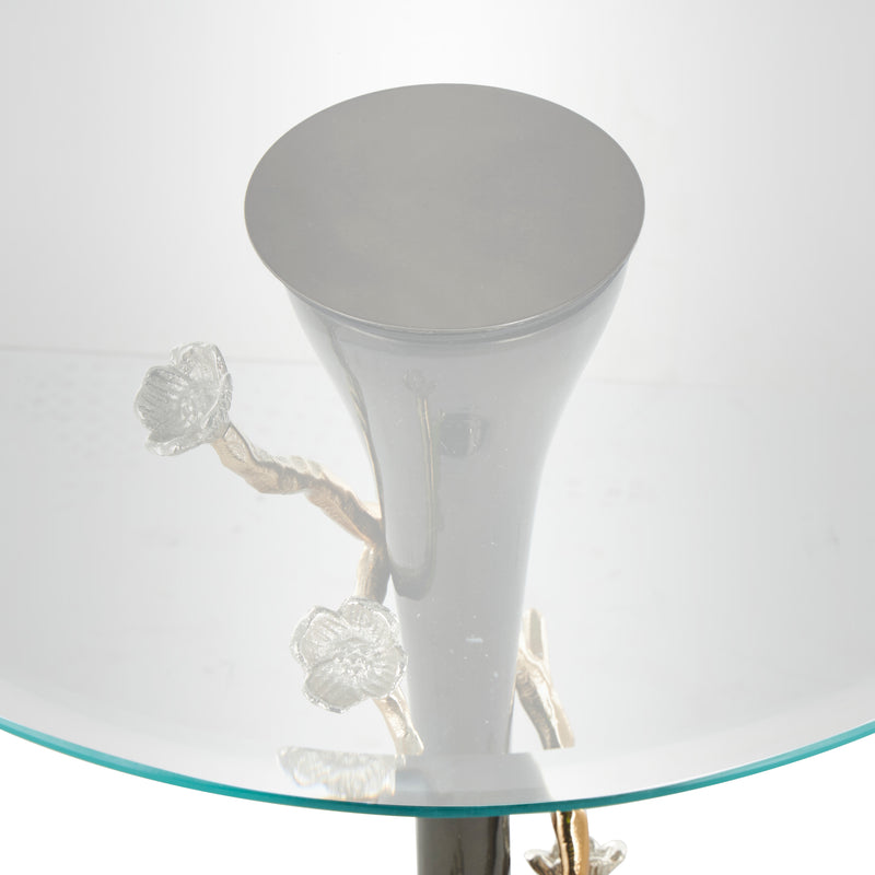Black Metal Floral Twisted Vine Accent Table with Gold and Silver Accents and Glass Tabletop