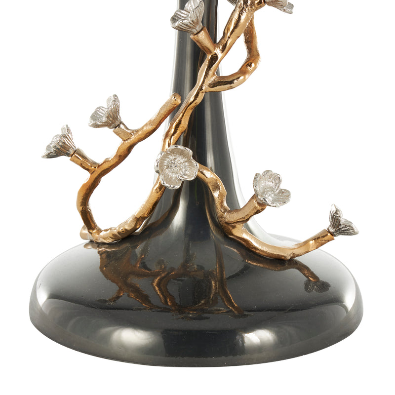 Black Metal Floral Twisted Vine Accent Table with Gold and Silver Accents and Glass Tabletop