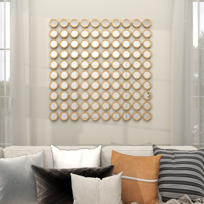 Gold Metal Geometric Wall Mirror with Grid Pattern