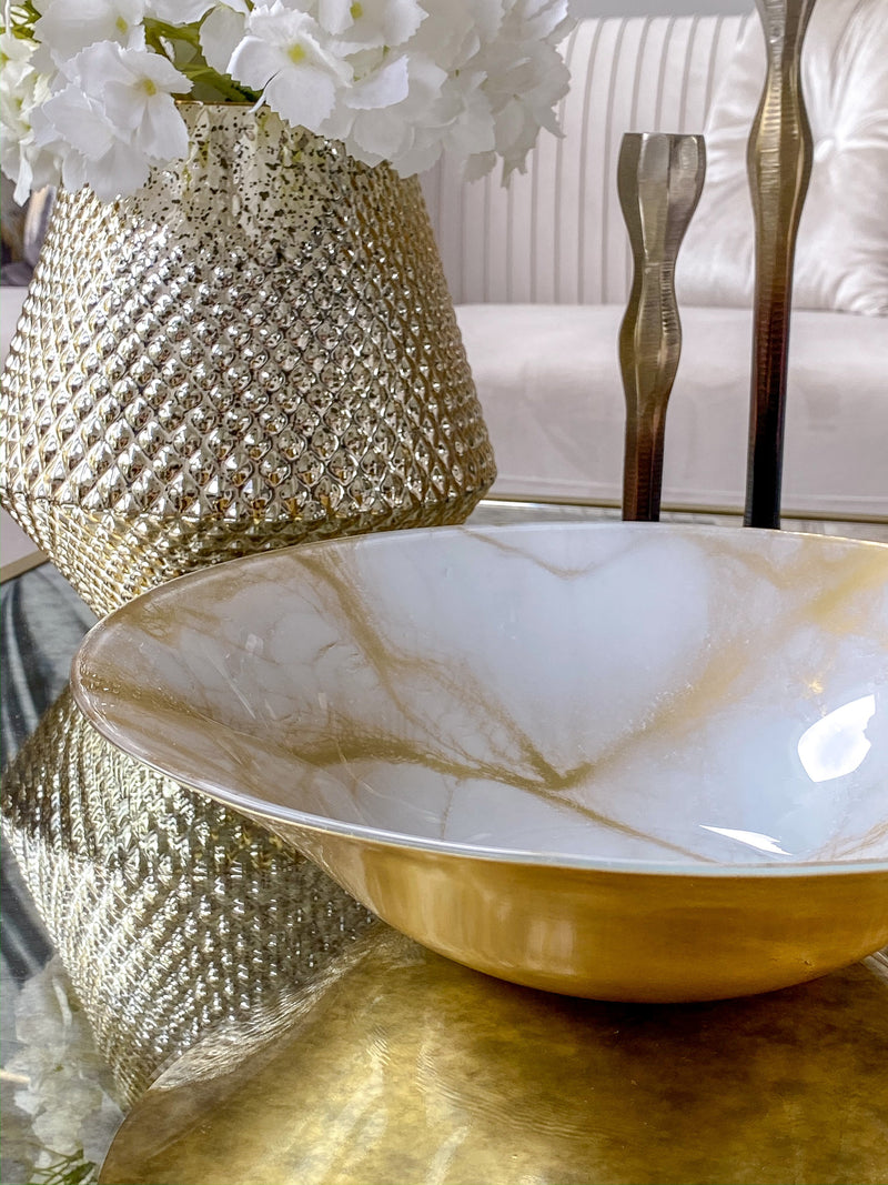 White and Gold Marbled Glass Bowl-Inspire Me! Home Decor