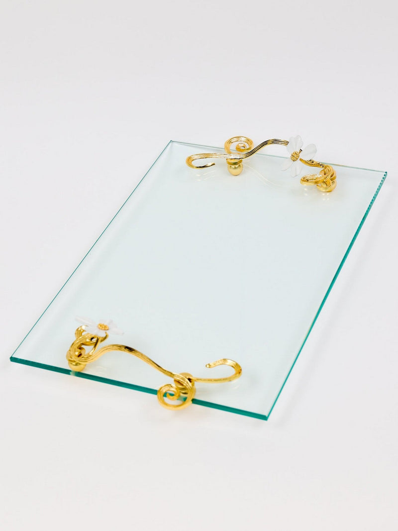 Large Glass Rectangular Tray with Intricately Detailed Gold Handles from The White Jeweled Flower Collection