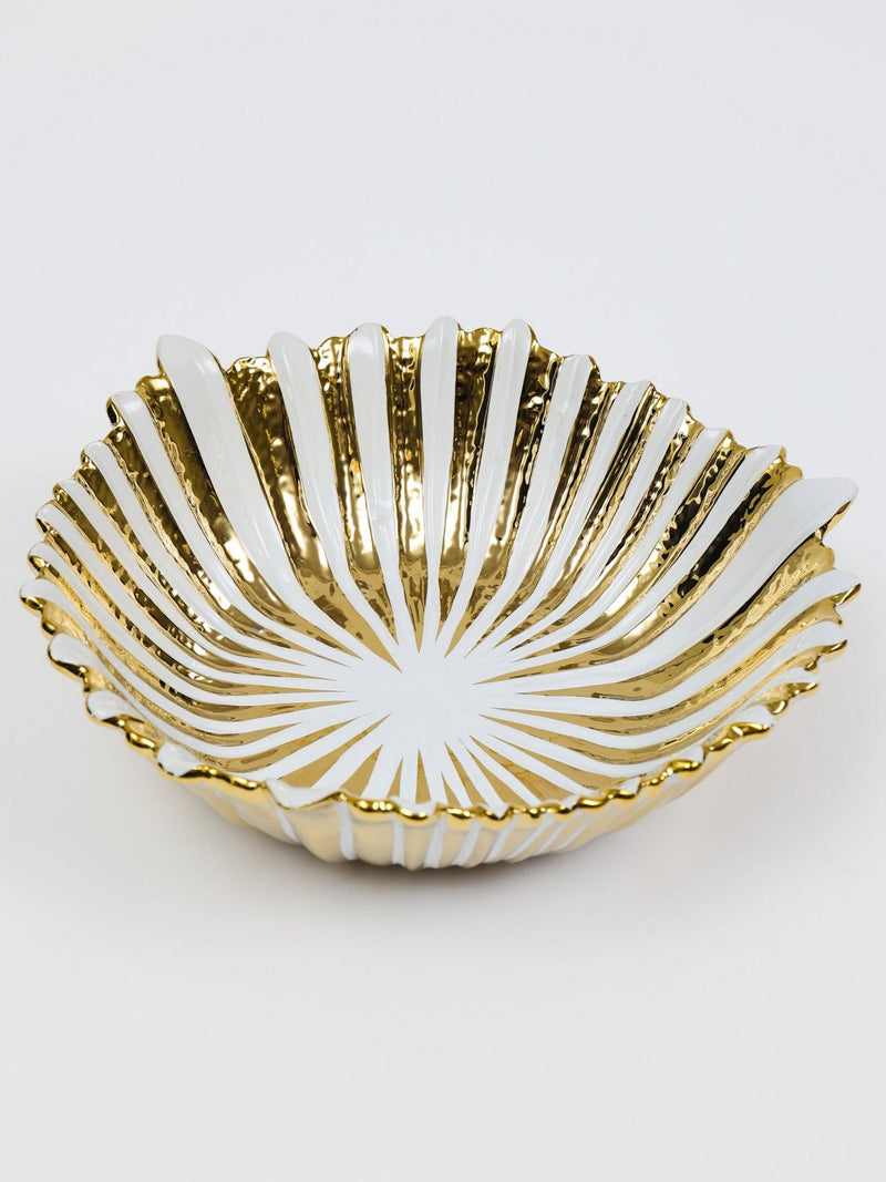 Gold and White Striped Ceramic Bowl
