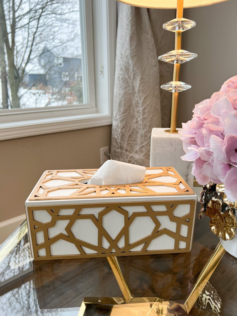 Wood Gold and White Tissue Box Cover