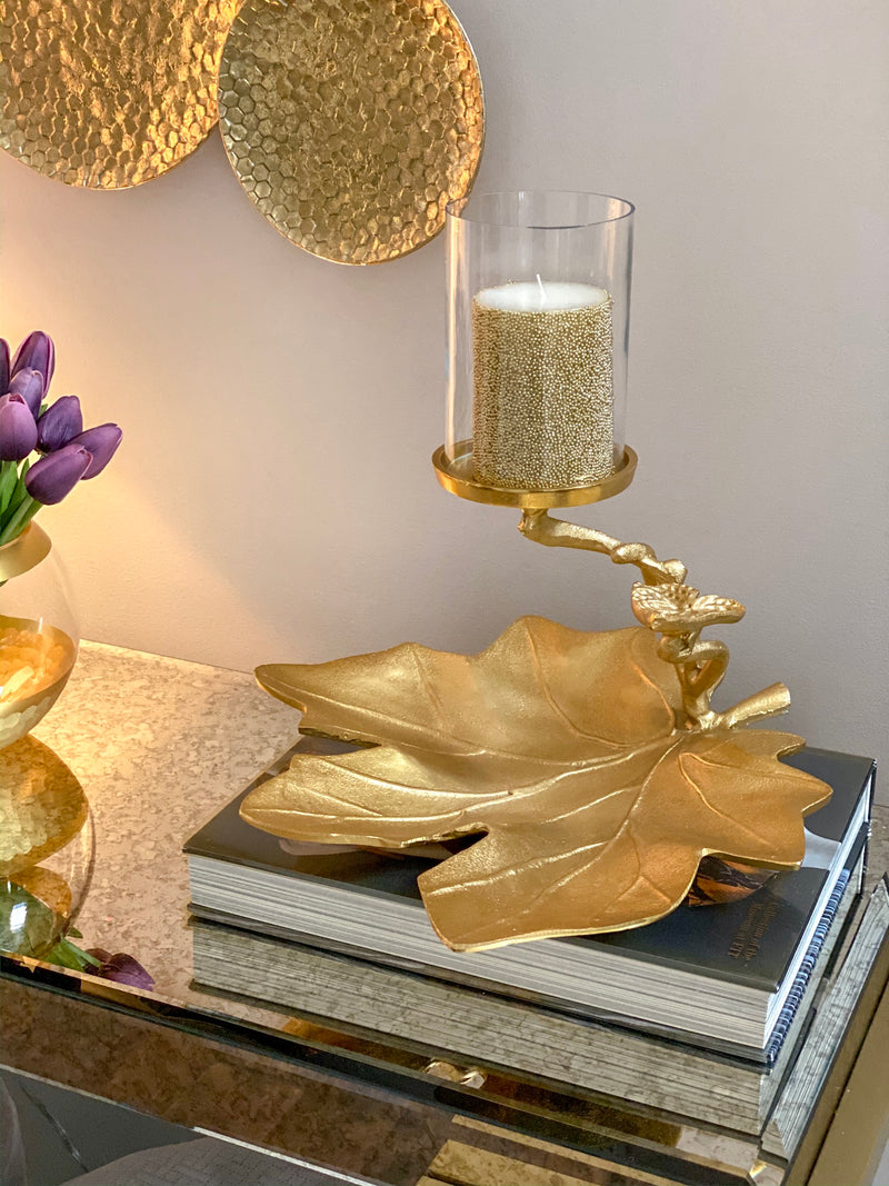 Gold Leaf Tray w/ Candle Holder-Inspire Me! Home Decor