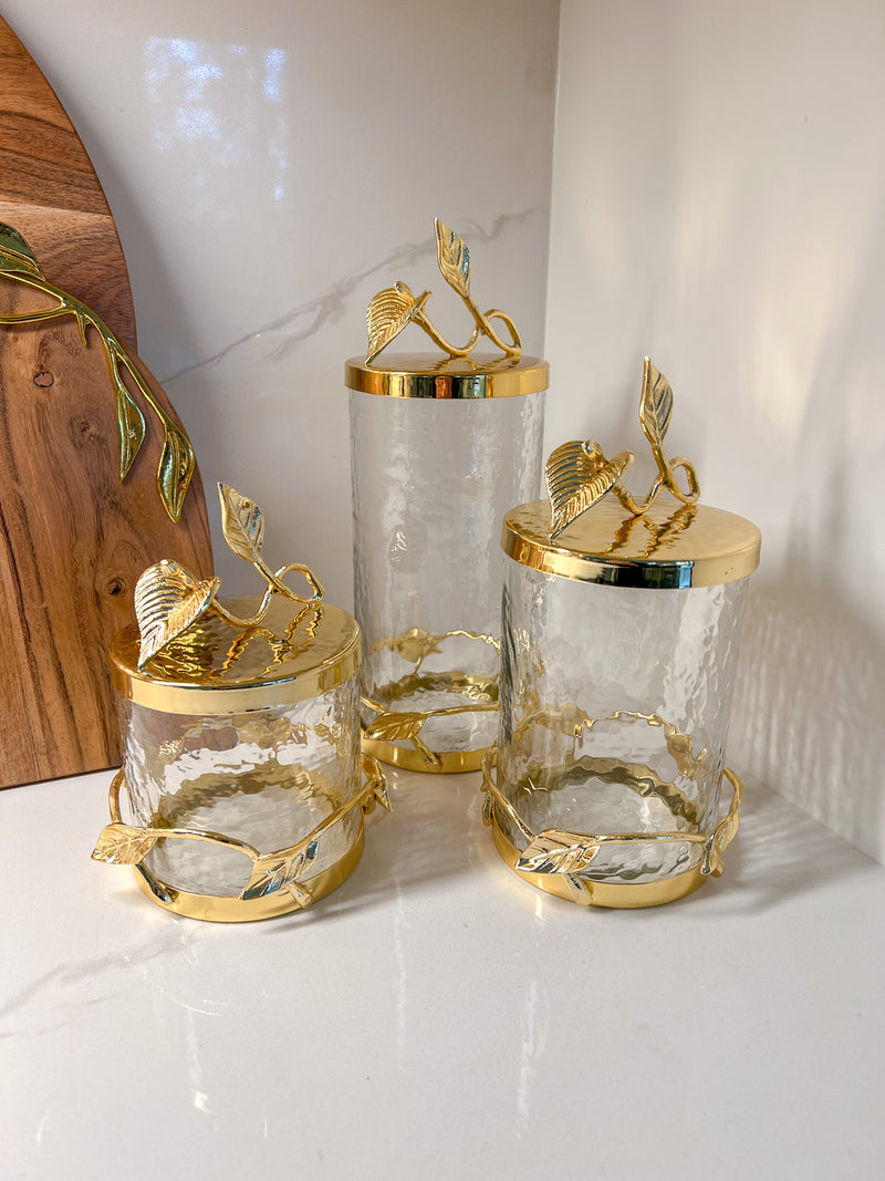 Hammered Glass Canister with Gold Leaf Lid (3 Sizes)-Inspire Me! Home Decor