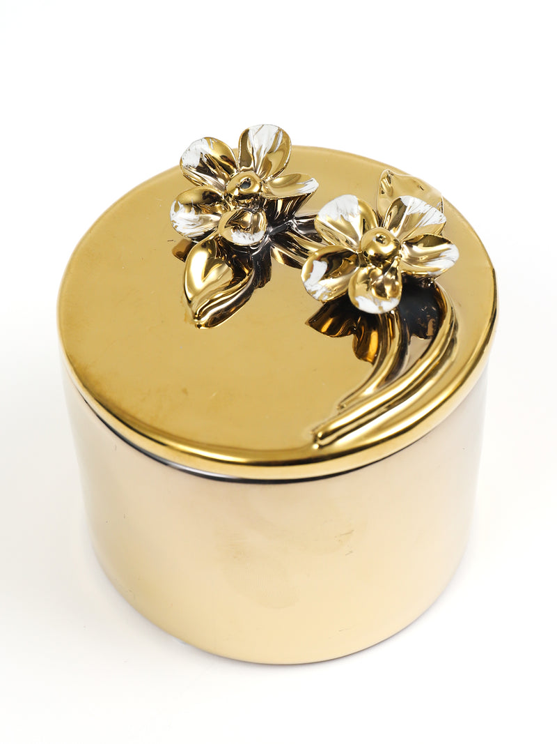 Gold Round Decorative Box with Gold & White Floral Design (3 Styles)