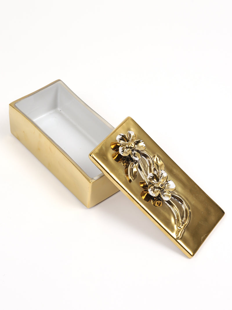 Gold Rectangular Box with White & Gold Floral Designs (3 Styles)