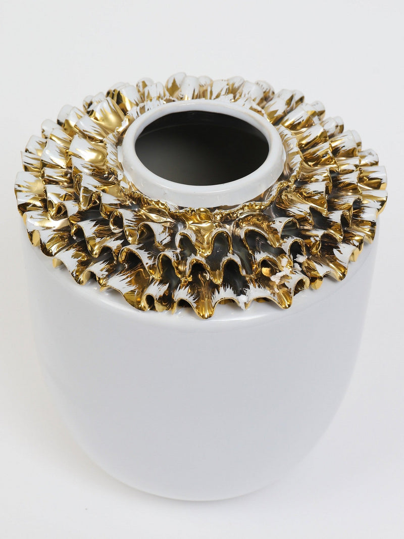 White Ceramic Vase with Gold & White Ruffled Details