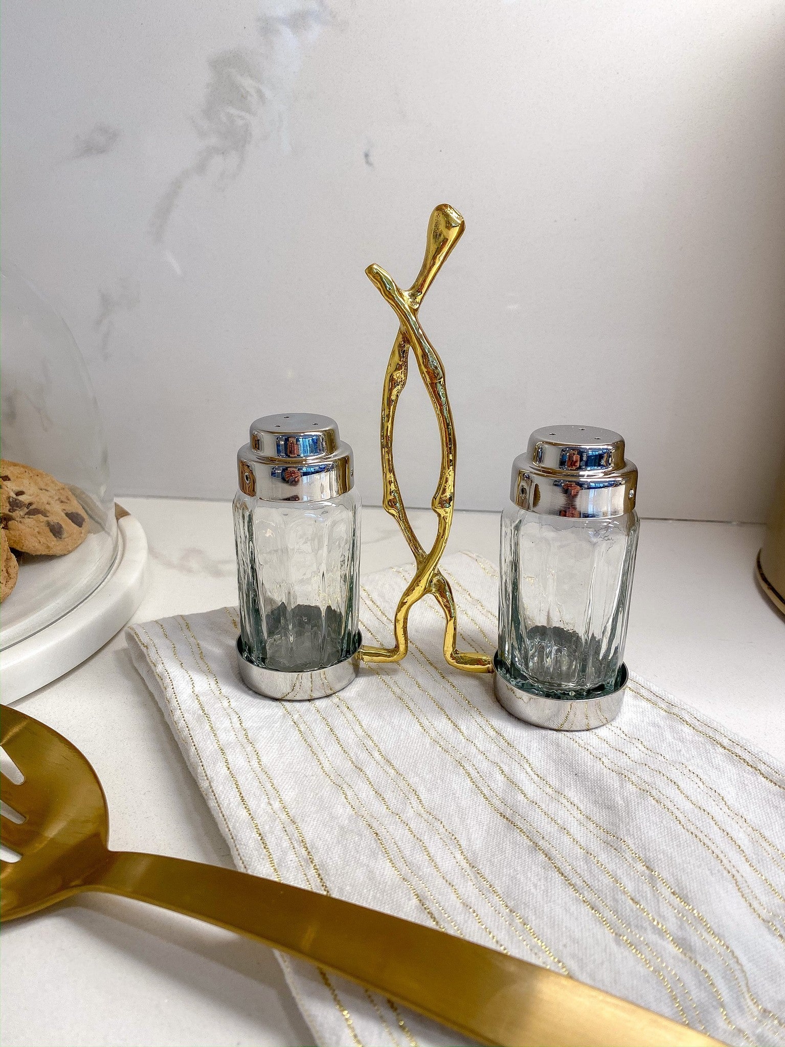 Glass Salt & Pepper Shakers w/ Gold Metal Branch Holder