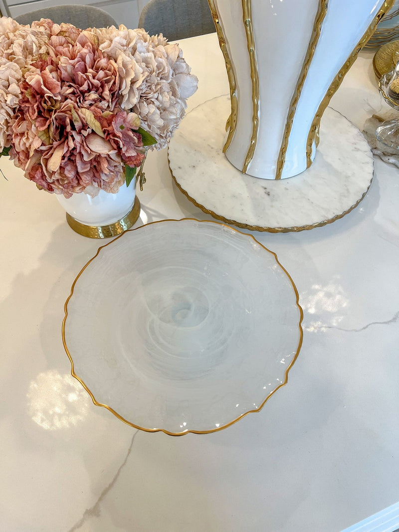 White Alabaster Cake Stand With Gold Trim