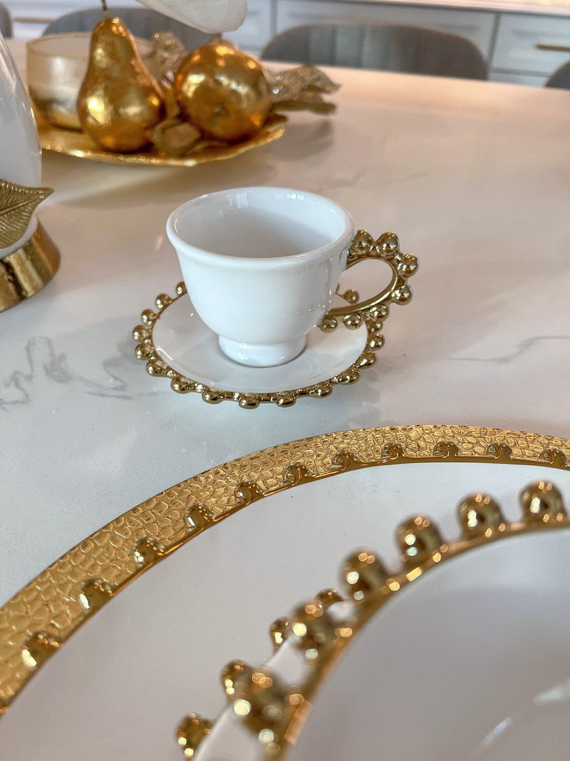 White and Gold Beaded Espresso Cup and Saucer-Inspire Me! Home Decor