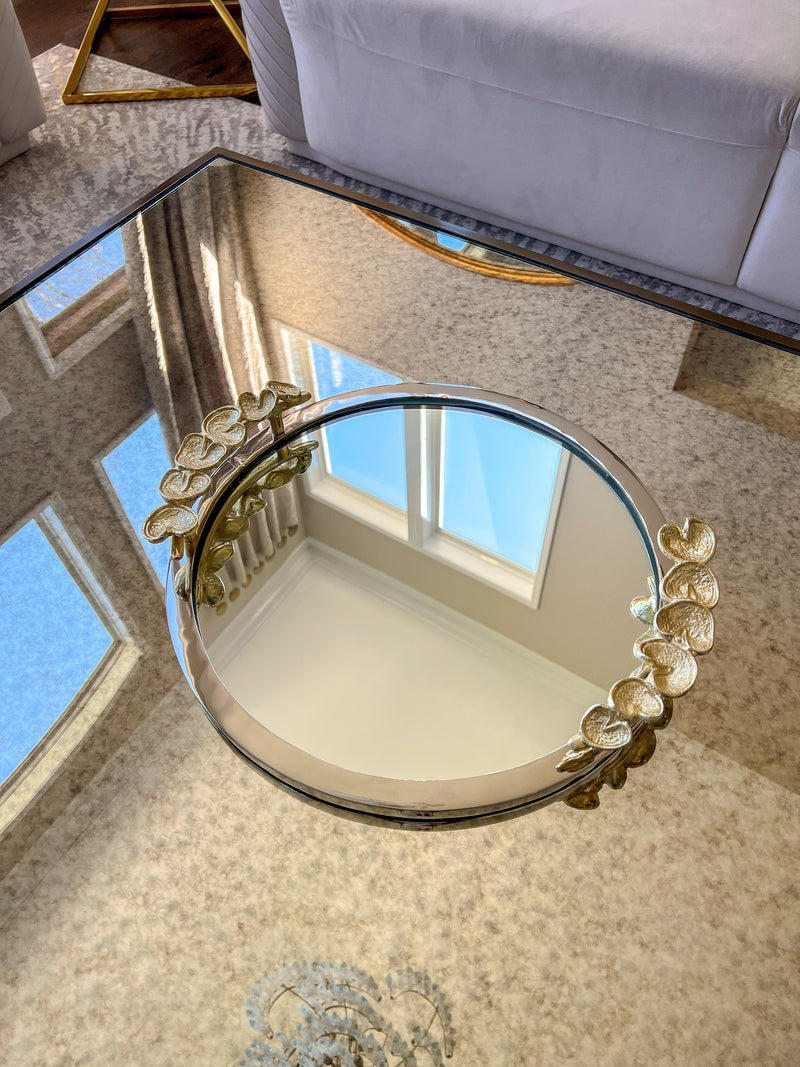 Decorative Mirror Tray with Gold Petal Handle Details (2 Sizes)