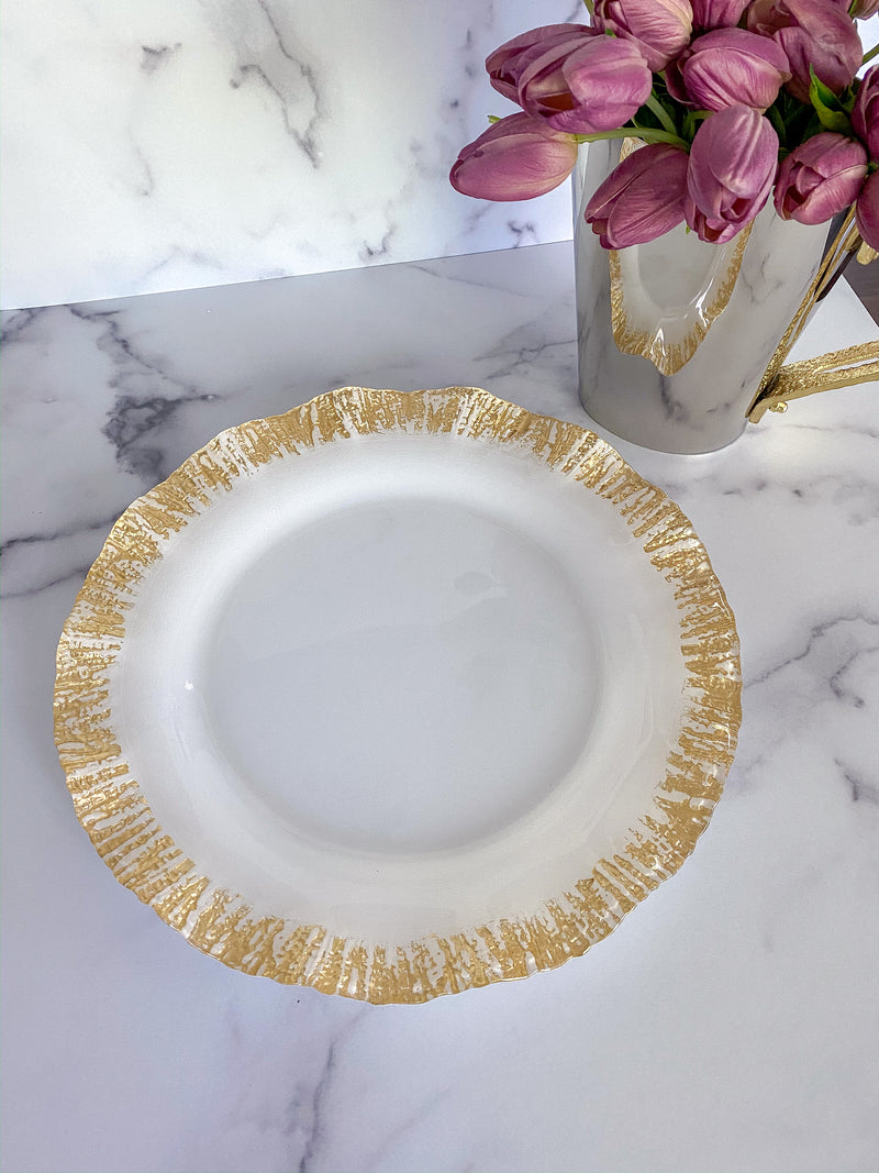 White Charger Plate with Ruffled Gold Edges-Inspire Me! Home Decor