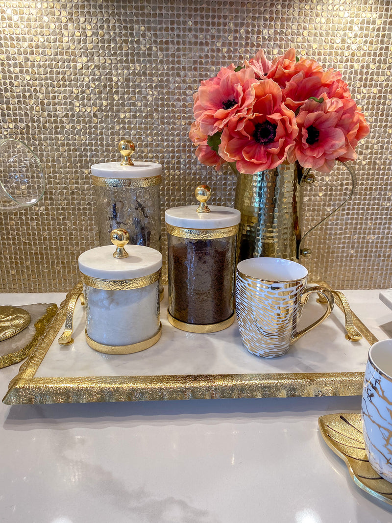 Gold Textured Rim Canisters w/ Marble Lid (3 sizes)-Inspire Me! Home Decor