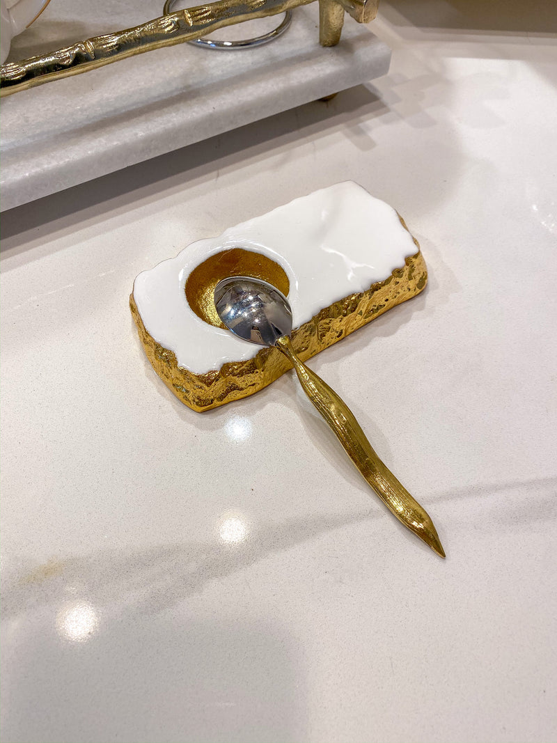 Gold and White Enameled Metal Tea Spoon Rest-Inspire Me! Home Decor