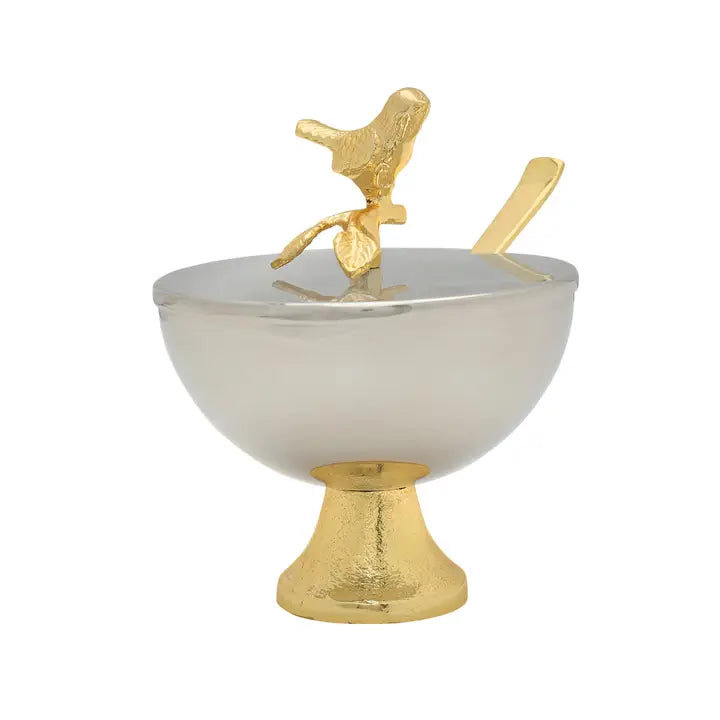 Silver Bowl with Bird Design on Gold Base with Spoon