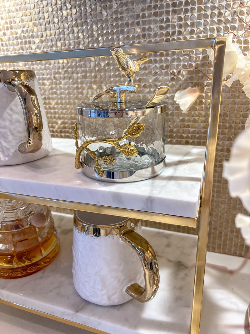 Gold & Silver Bird Design Jar with Spoon