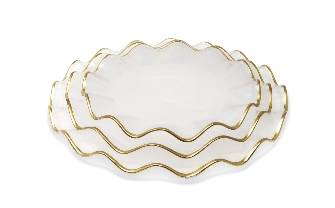 Set of 4 White Alabaster Dinnerware with Gold Ruffled Border (3 Styles)