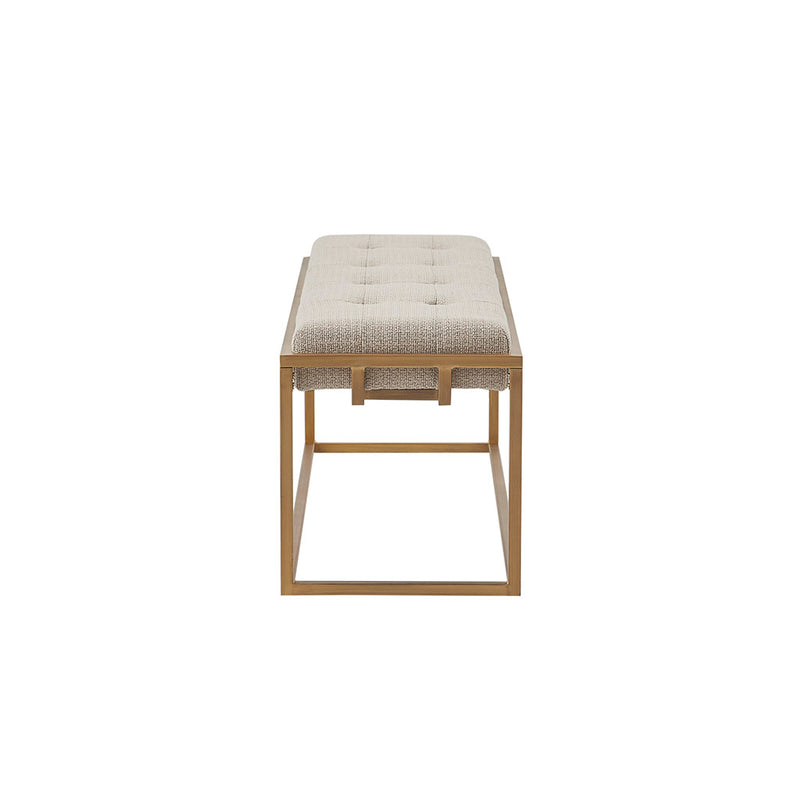 Beige Button-Tufted Upholstered Metal Base Bench