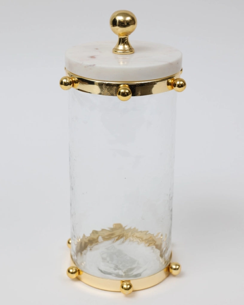 Hammered Glass Canister w/ Gold Ball Design and Marble Cover (3 Sizes)