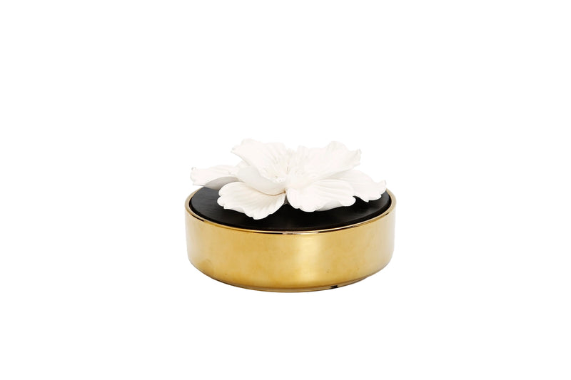 Gold Round Diffuser with Black Lid and White Flower/English Pears and Freesia Aroma