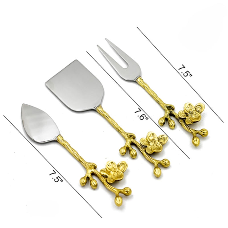 Silver Cheese Set with Gold Leaf Handles