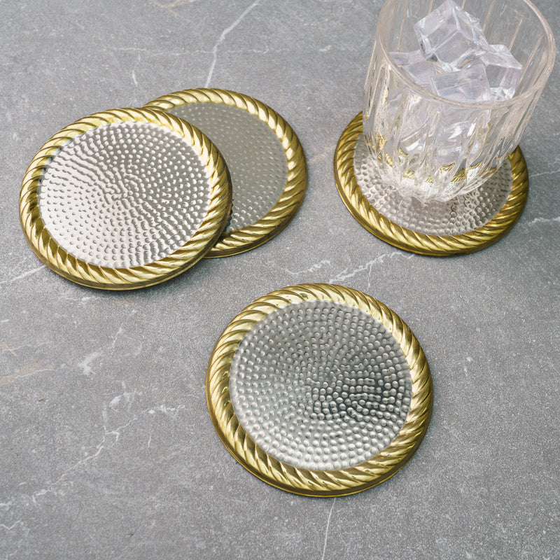Set of 4 Gold & Silver Coasters with Rope Design Border