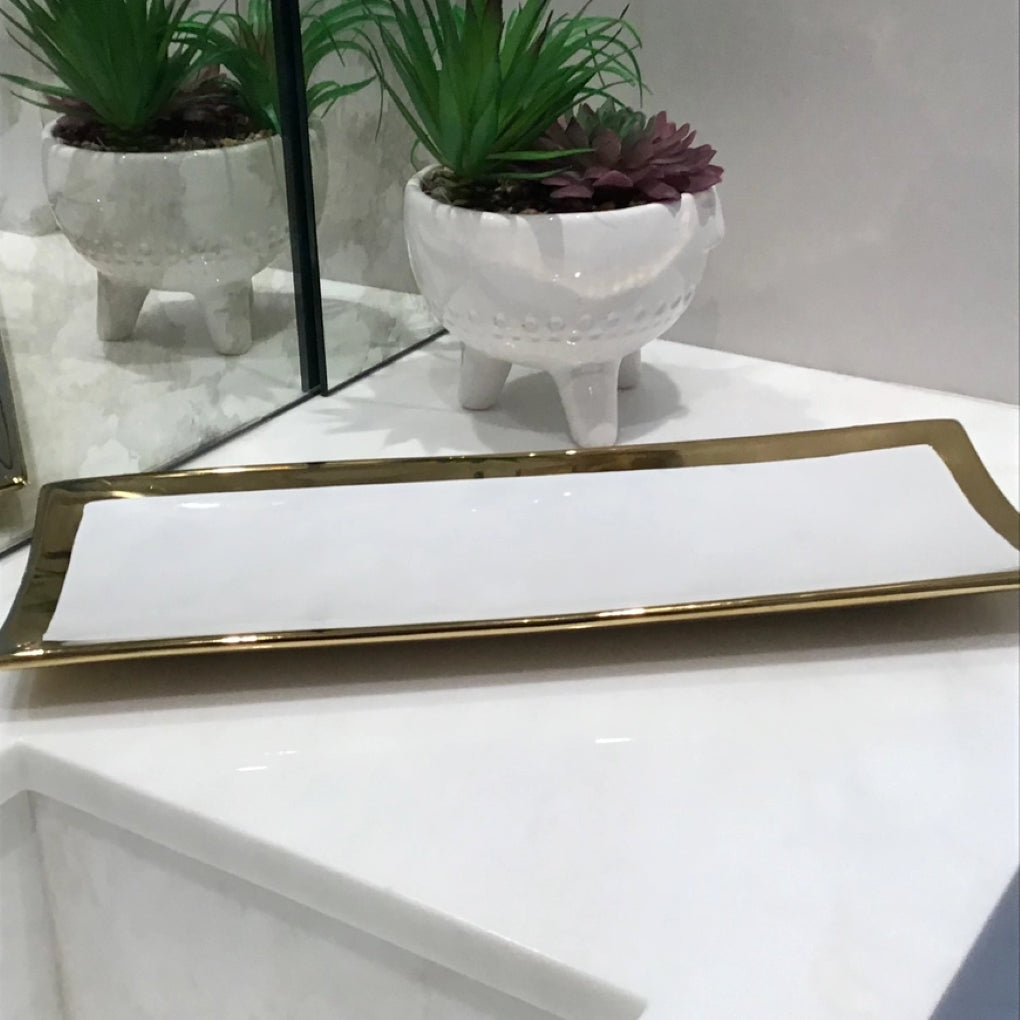 Gold Edged White Rectangular Tray