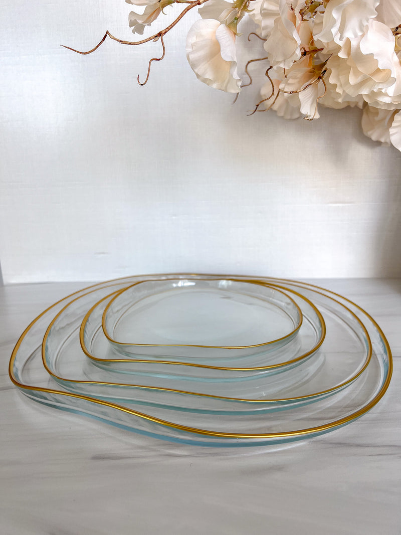 Set of 4 Organic Shaped Clear Dinnerware with Gold Rim (4 Sizes)