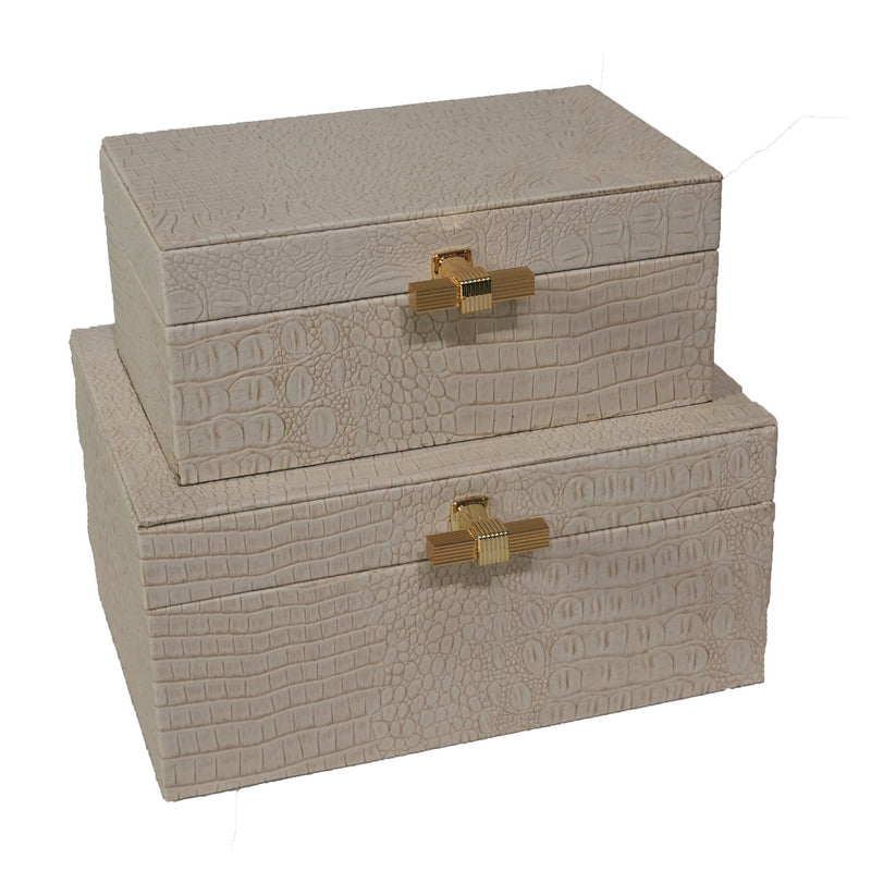 Set of 2 Ivory Decorative Wood Boxes with Gold Detailed Handles