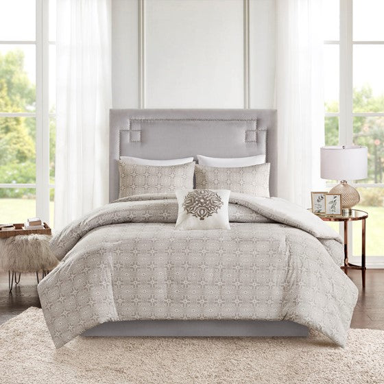 Reversible 4 Piece Ivory & Grey Embroidered Cotton Duvet Cover Set (2 Sizes)