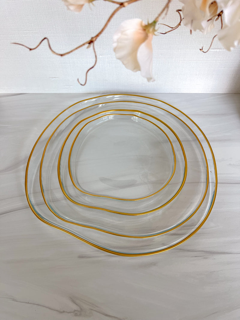 Set of 4 Organic Shaped Clear Dinnerware with Gold Rim (4 Sizes)