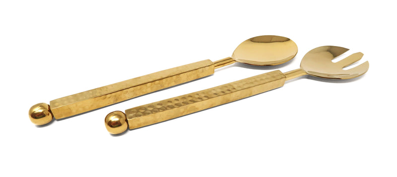 Stainless Steel Salad Servers with Gold Hammered Handles
