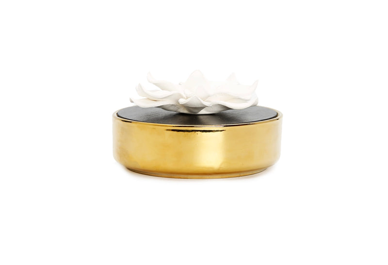 Gold Round Diffuser Black Lid and White Flower/Iris and Rose Aroma