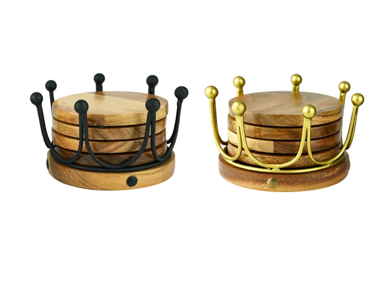 Set of 4 Wood Coaster with Crown Holder (2 Colors)