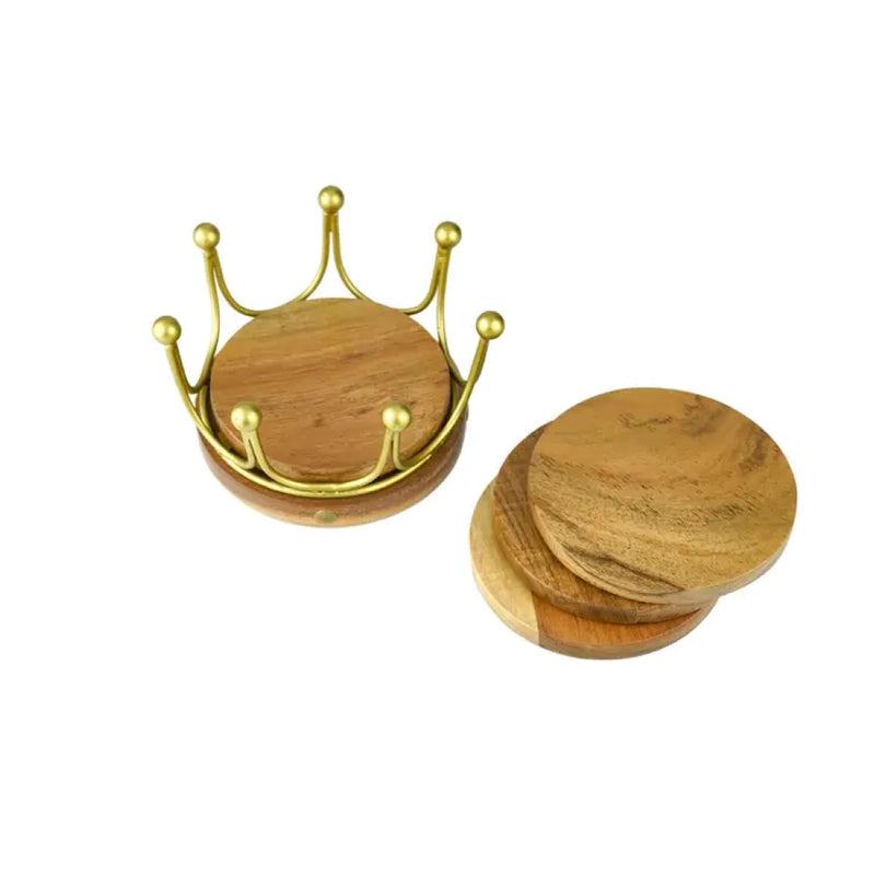 Set of 4 Wood Coaster with Crown Holder (2 Colors)