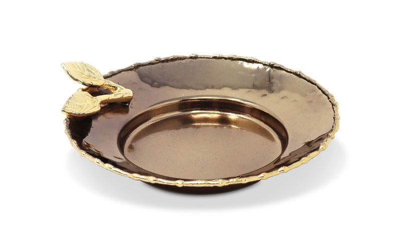 Glass Cup and Metal Saucer with Gold Leaf Flower Design