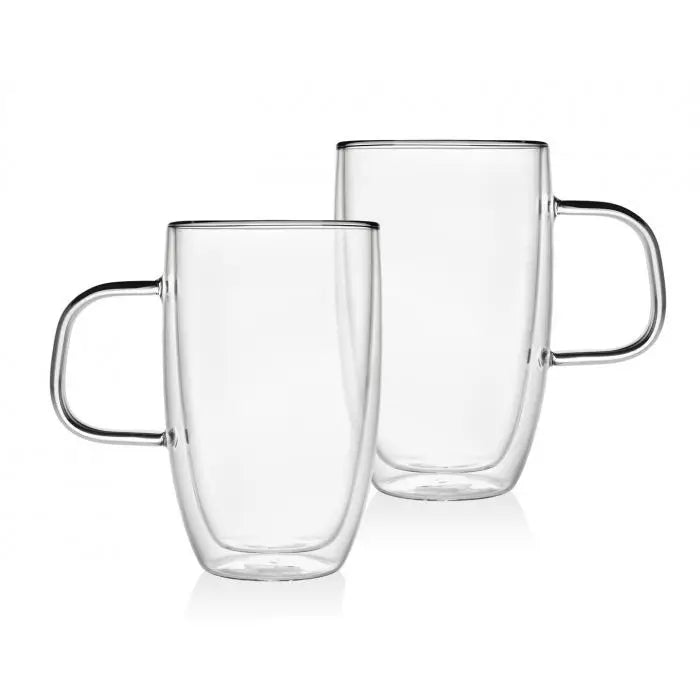 Set of 2 Tall Double Wall Glass Mugs with Handles