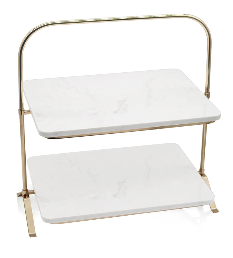 Gold Metal & White Marble Two Tiered Stand