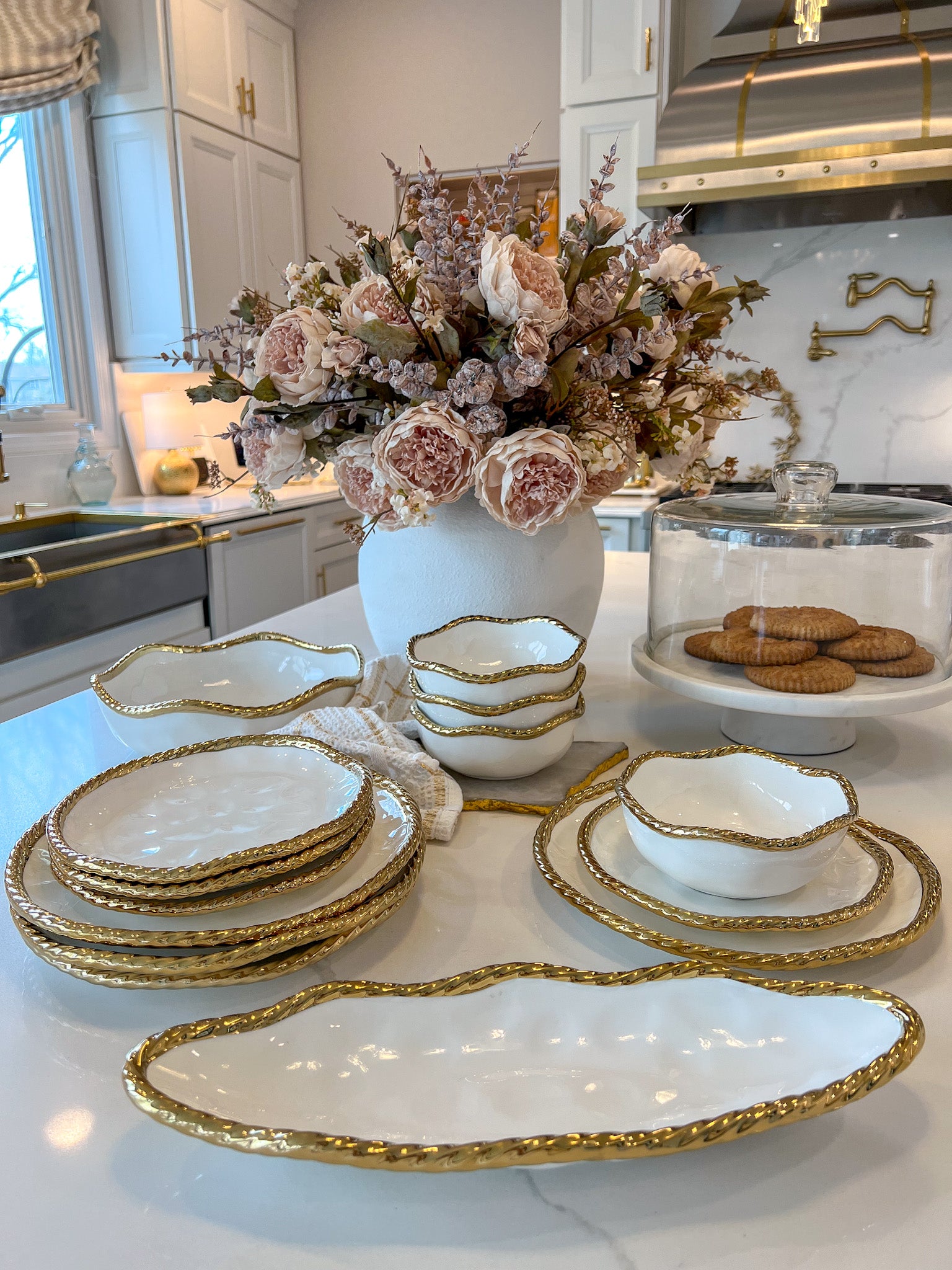 White Gold Dinnerware Serveware with Gold Twisted Edge 5 Styles