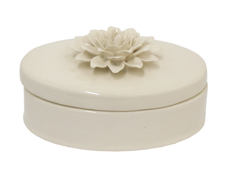 Beige Ceramic Covered Box with Flower Detailed Lid