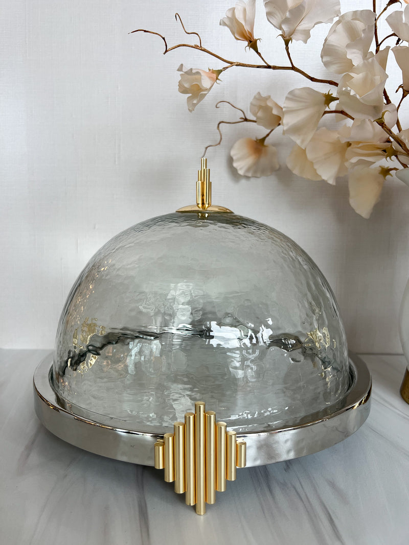Cake Plate with Glass Dome with Gold Diamond Design