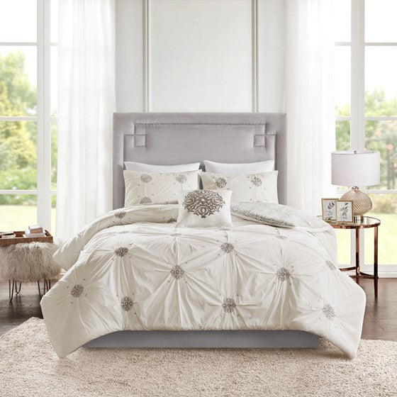 Reversible 4 Piece Ivory & Grey Embroidered Cotton Duvet Cover Set (2 Sizes)