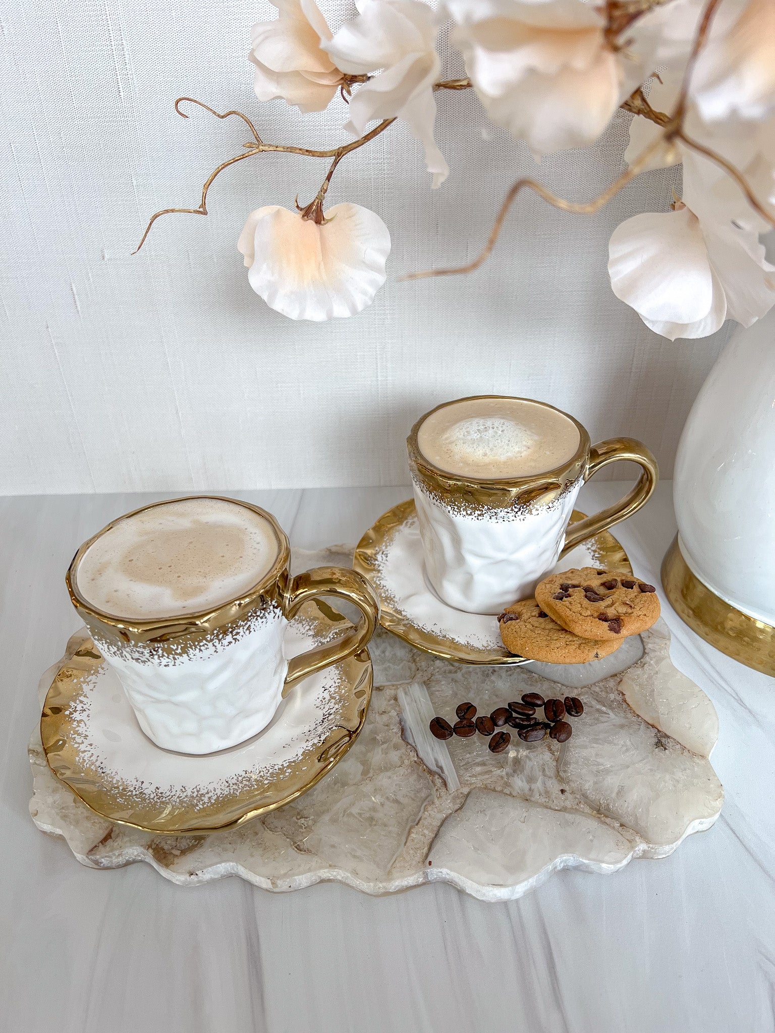 Gold and White Porcelain Textured Mug with Saucer