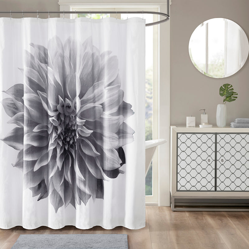 72" White & Grey Floral Printed Cotton Shower Curtain
