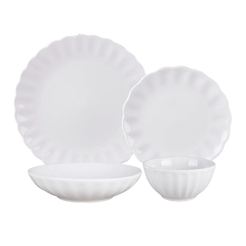16 Piece White Porcelain Dinnerware Set with Scalloped Design, Service for 4